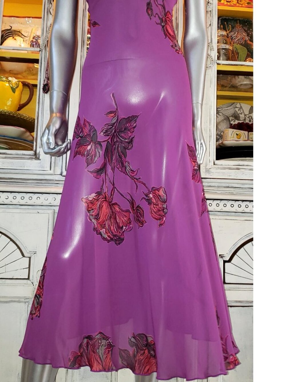 Vintage Betsey Johnson New York 90s Sheer Purple Floral Rose Midi Slip Dress - Picture 13 of 14